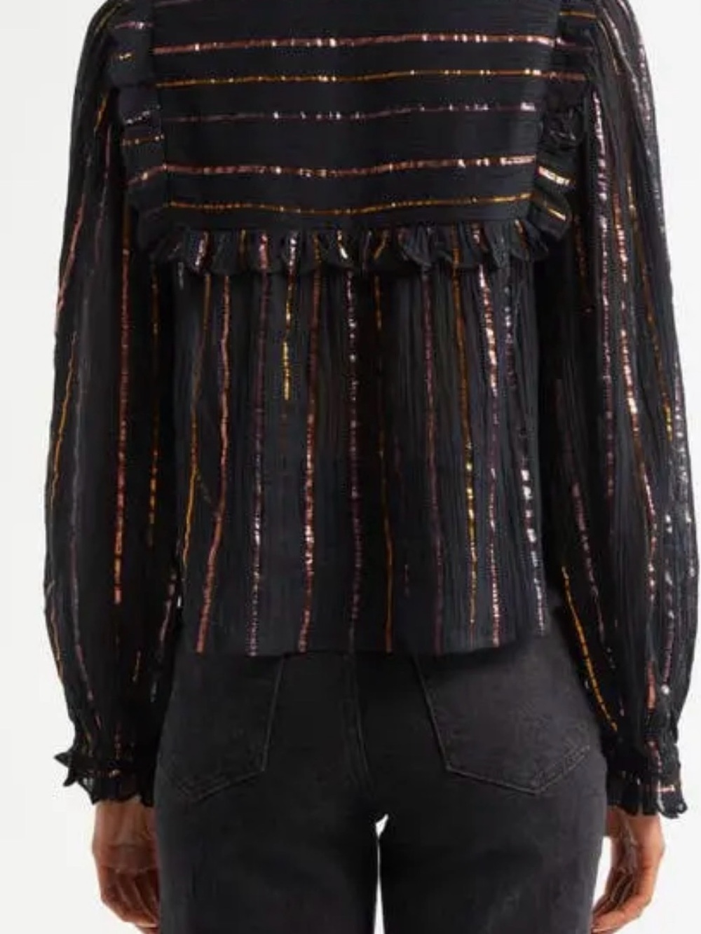 FARM Rio Black Metallic Stripe Ruffle-Yoke Blouse - Picture 2 of 9